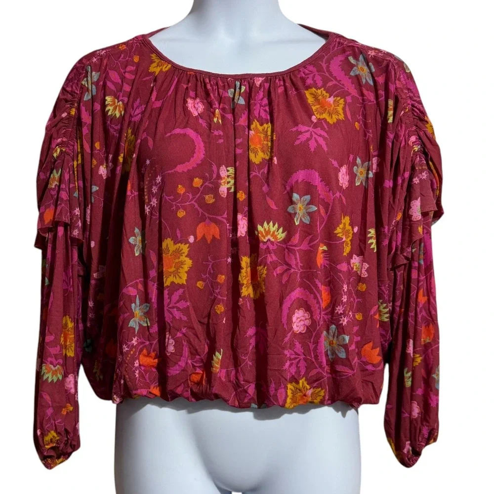 Free People Wild Honey Red Berry balloon sleeve flowy floral drop shoulder small
